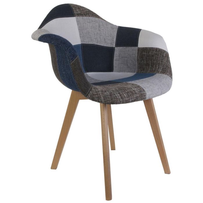 Home Deco Factory Silla Butaca Patchwork Azul-Gris, Patas de Madera, Asiento de Tela, Soporta 110 kg