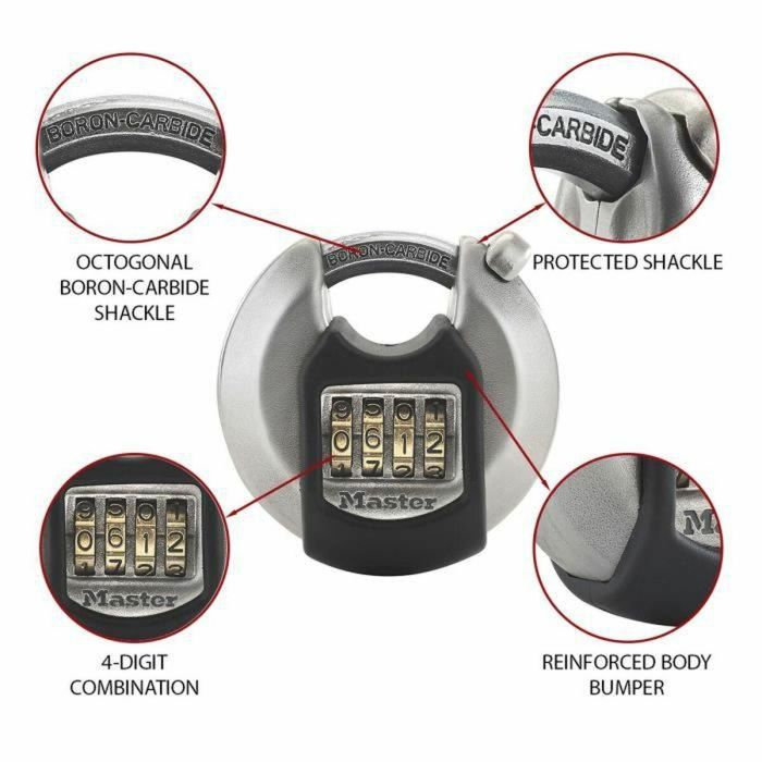 Master Lock Candado de disco de alta seguridad con combinación programable de 4 dígitos, 70mm Acero inoxidable, mango protegido octogonal 10mm boro 2 Master Lock Candado de disco de alta seguridad con combinación programable de 4 dígitos, 70mm Acero inoxidable, mango protegido octogonal 10mm boro 2