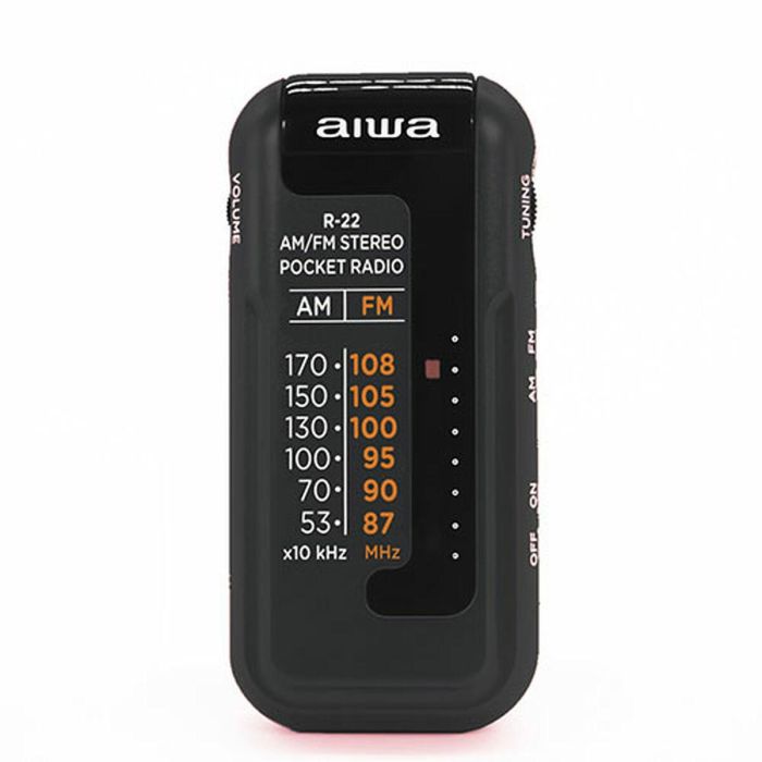 Aiwa R-22BK Radio de Bolsillo Portátil AM/FM Estéreo con Auriculares (3.5mm) y Clip de Sujeción Pilas AAA Incluidas Hyperbass Negra