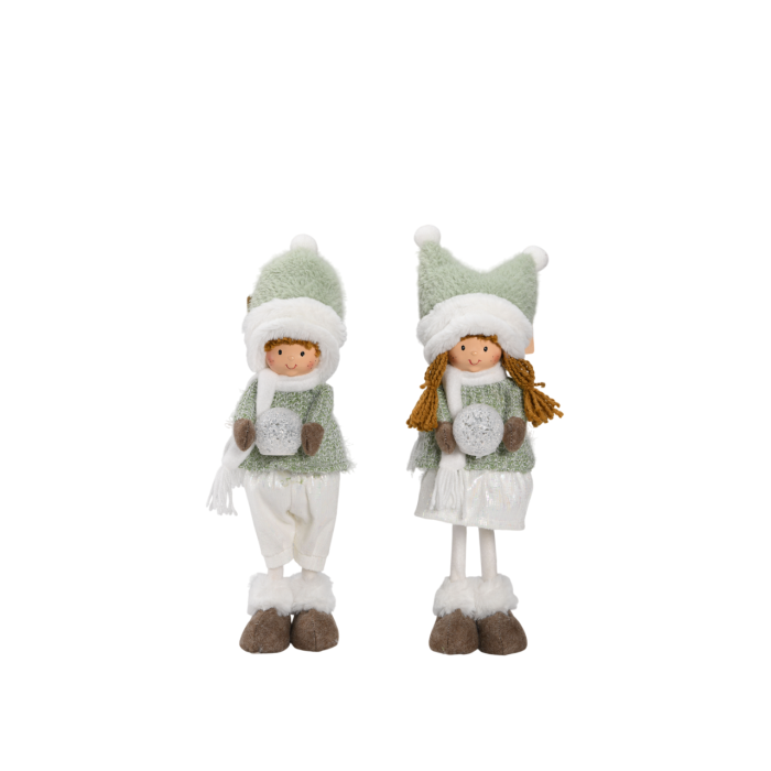 DKD Home Decor Figura Decoración Navidad Niña Fantasía Navideña con Luz LED Poliéster Verde Blanco 42 cm Alto Pack 4 Unidades Pilas LR44