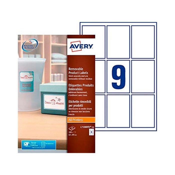 Etiqueta Adhesiva Avery Removible Para Impresora Laser Inyeccion Tinta Fotocopiadora Blanca 62x89 mm 1