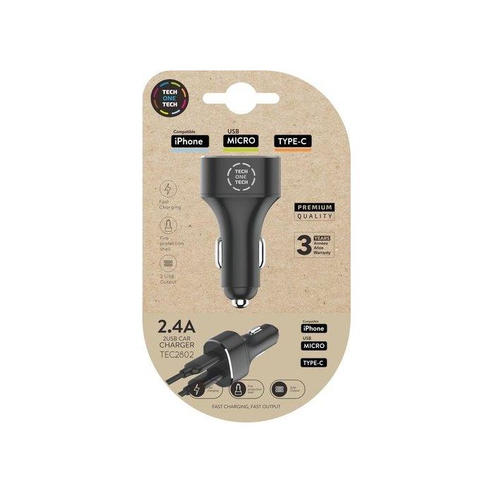Tech One Tech Cargador doble mechero coche 2.4A -12W, compatible con Apple/Android/Tipo-C, carga eficiente