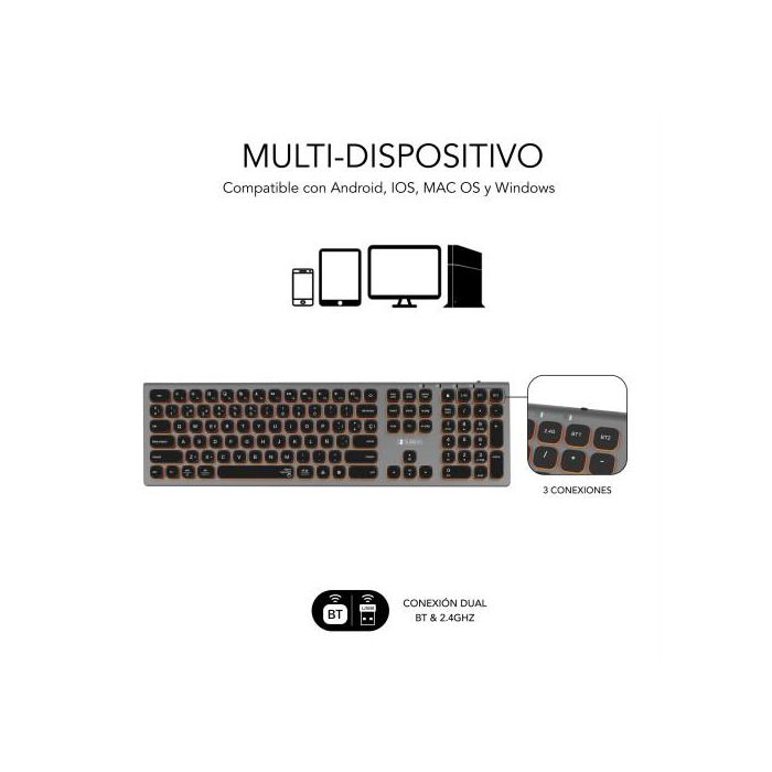Subblim SUBKB-3MIE310 Teclado Inalámbrico Master Bluetooth 5.2 / 2.4G Multidispositivo 3 en 1, Retroiluminado, Numérico QWERTY ES 3 Subblim SUBKB-3MIE310 Teclado Inalámbrico Master Bluetooth 5.2 / 2.4G Multidispositivo 3 en 1, Retroiluminado, Numérico QWERTY ES 3