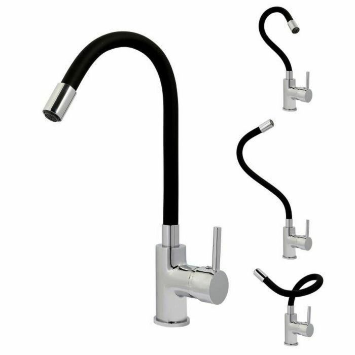 ROUSSEAU Køben Grifo de cocina mezclador, caño articulado con memoria de forma, sin ducha, gris y negro, latón, cartucho cerámico Ø 35mm