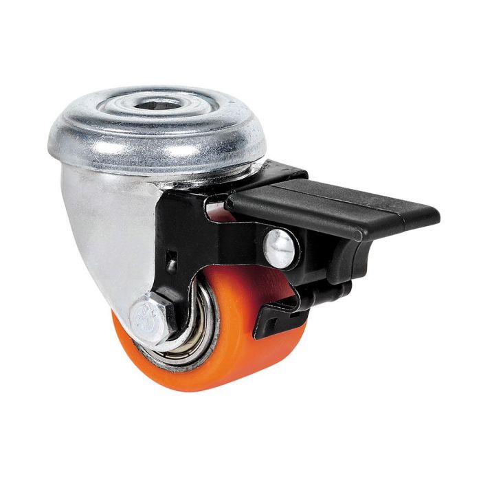 Rueda giratoria con agujero y freno, rodamiento de bolas, color naranja, carga máx. 100 kg, ø 3,5 cm Rueda giratoria con agujero y freno, rodamiento de bolas, color naranja, carga máx. 100 kg, ø 3,5 cm