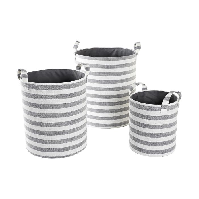DKD Home Decor Cesta Basicos Gris Blanco 35 x 40 x 35 cm Set de 3 Algodon Rayas 1