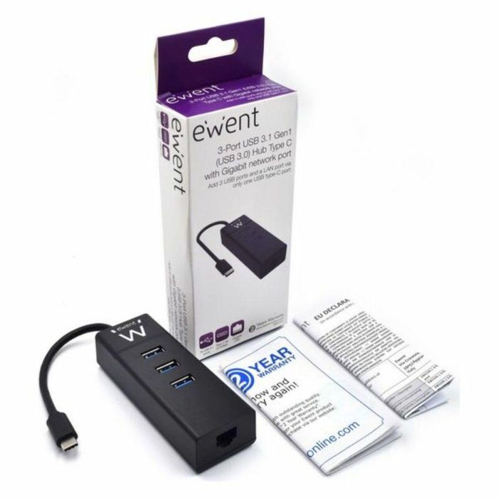 Ewent EW1141 Hub USB C 3 Puertos USB 3.1 Gen1 Tipo A con Puerto de Red Gigabit Negro 2
