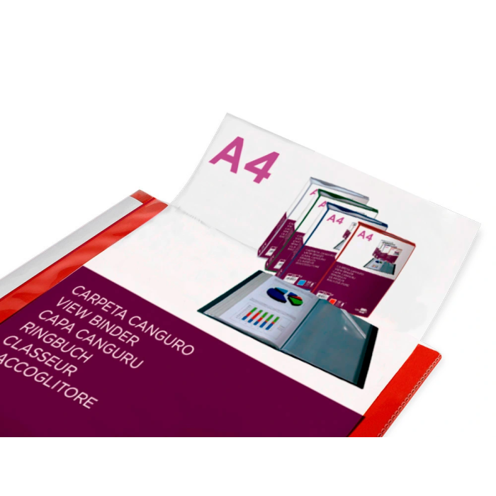 Liderpapel Carpeta 80 Fundas Canguro PP DIN A4 Rojo Translucido Portada y Lomo Personalizable 2