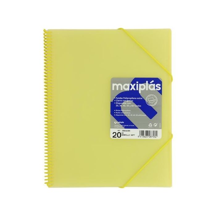 Grafoplás Carpeta A4 con 20 Fundas, Espiral PVC, Polipropileno Rígido Translúcido, Cierre con Gomas, Color Amarillo Soft