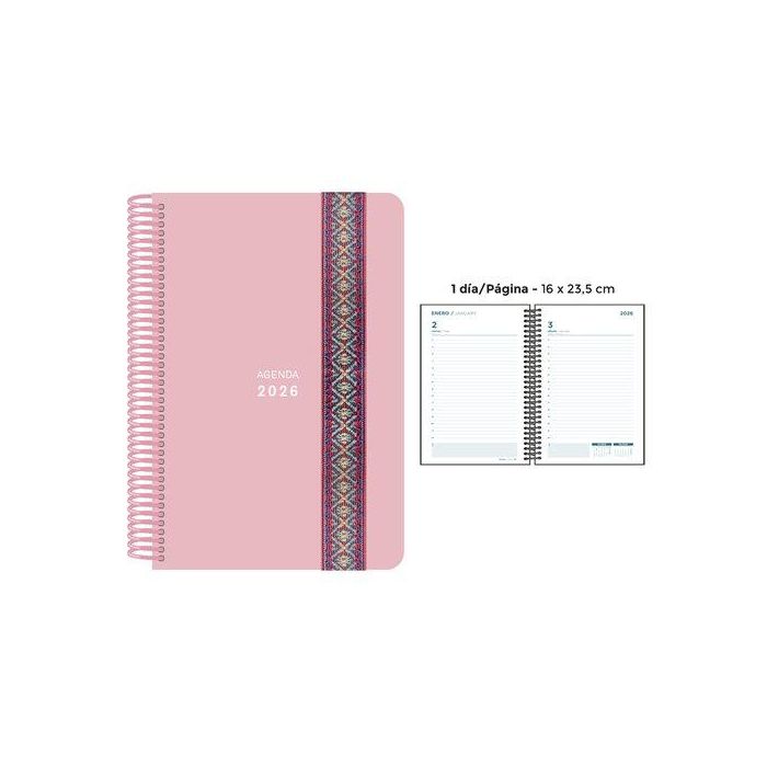 Agenda Anual (2026) Senfort Pastel Espiral Tapa Pp Con Goma Decorada 160X235 D/P Rosa