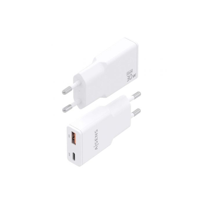 Cargador GaN de Pared Aisens ASCH-30W2P046-W/ 1xUSB Tipo-C/ 1xUSB/ 30W 2