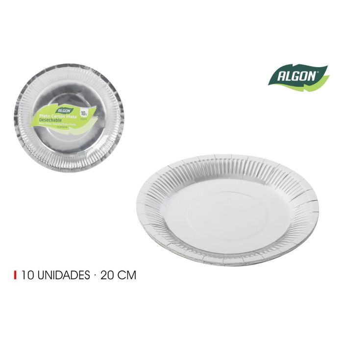 Set de 10 platos de cartón plata Algon 20 cm (18 Unidades) Set de 10 platos de cartón plata Algon 20 cm (18 Unidades)