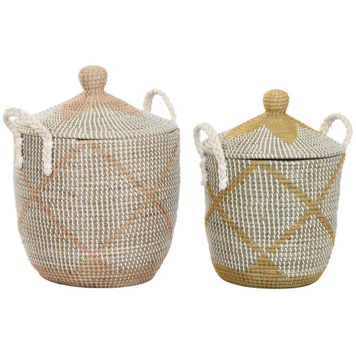 DKD Home Decor Cesta Boho de Seagrass y Algodón Hecha a Mano Coral Amarillo 41x57x41 cm Set de 2 0 DKD Home Decor Cesta Boho de Seagrass y Algodón Hecha a Mano Coral Amarillo 41x57x41 cm Set de 2 0