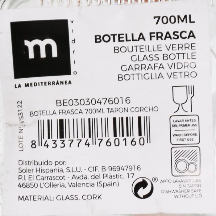 Botella Frasca 700 ml con tapón de corcho - La Mediterranea (12 Unidades) 3 Botella Frasca 700 ml con tapón de corcho - La Mediterranea (12 Unidades) 3