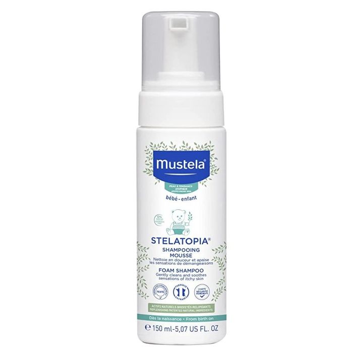 Mustela STELATOPIA Champú Mousse Hidratante Bebés Piel Atópica y Cuero Cabelludo Sensible, Desde Nacimiento, 99% Natural, 150 ml