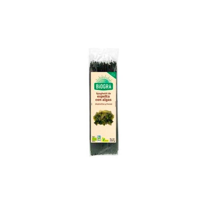 Biogra Espagueti de Espelta con Algas 250g - Pasta Bio Vegana Fuente de Fibra y Proteína Bajo en Grasa y Sal