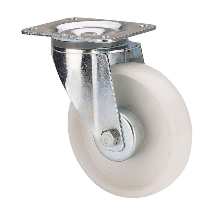 Rueda giratoria de poliamix con placa y eje liso, color blanco, carga máx. 170 kg, ø 12,5 cm Rueda giratoria de poliamix con placa y eje liso, color blanco, carga máx. 170 kg, ø 12,5 cm