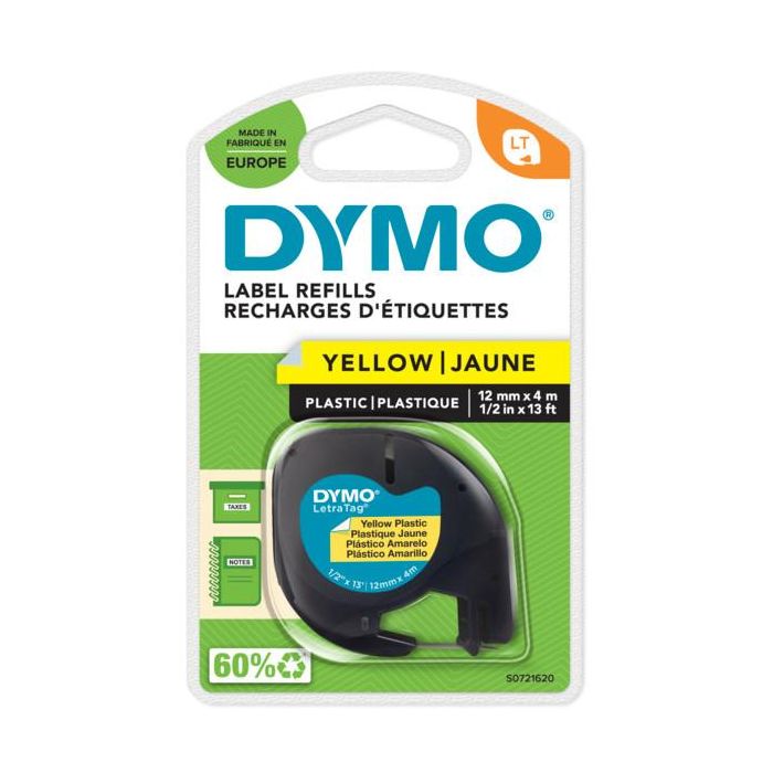Dymo S0721620 Etiquetas LetraTag Plástico Negro sobre Amarillo 12 mm x 4 m 1