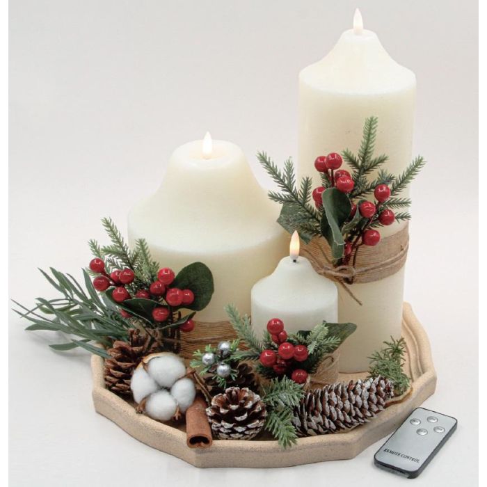 DKD Home Decor Vela LED Navidad Alpina, Set de 4, con Mando a Distancia, Cera y Madera, Blanco Verde, 7x7x15 cm