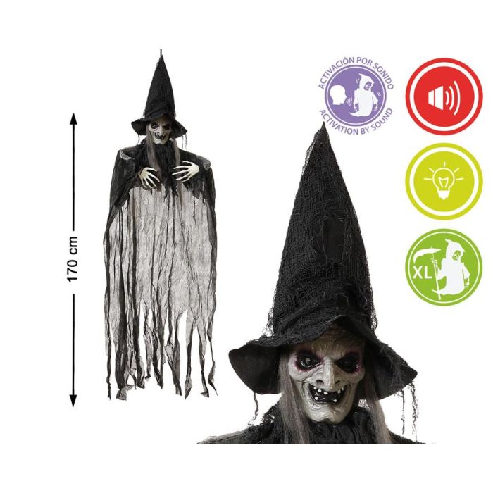 Bruja Colgante Halloween 170 cm con Luz y Sonido – Decoración Espeluznante para Fiestas y Escaparates
