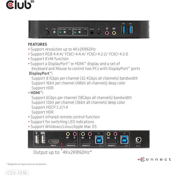 Club3D CSV-7210 KVM Switch 4K60Hz 2x DP a HDMI/DP con 2xUSB y Audio para 2 Ordenadores 13