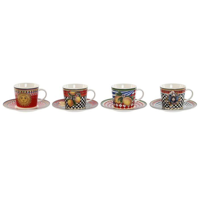 Taza Set Plato Moderno DKD Home Decor Rojo Amarillo 15.6 x 1.7 x 15.6 cm (4 Unidades)