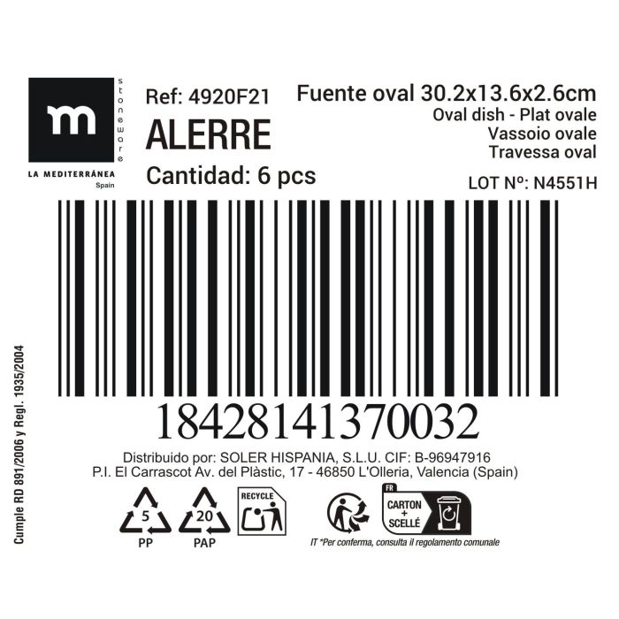 La Mediterranea Fuente Oval Alerre, Para Servir, 30.2 cm x 13.6 cm x 2.6 cm, Color Md (24 Unidades)