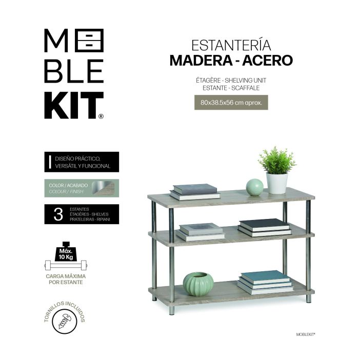 Inde Estantería Madera-Acero 3 Niveles Moblekit 3 Inde Estantería Madera-Acero 3 Niveles Moblekit 3