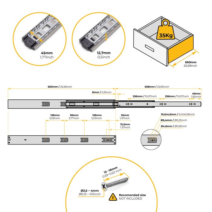 Emuca Juego de guías de bolas para cajones con extracción total y cierre suave, altura 45mm, logitud 650mm, Acero, Cincado 11 Emuca Juego de guías de bolas para cajones con extracción total y cierre suave, altura 45mm, logitud 650mm, Acero, Cincado 11