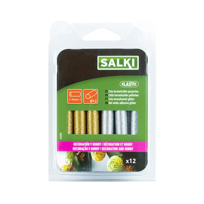 Salki 430206 Barras de cola termofusible Ø12x95mm purpurina dorado+plateado, blister 12 unid. para decoración y hobby 1 Salki 430206 Barras de cola termofusible Ø12x95mm purpurina dorado+plateado, blister 12 unid. para decoración y hobby 1