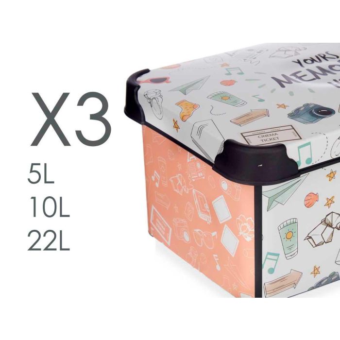 Kipit Set 3 Pzs Cajas Plástico Estampado Memories 29x23x39cm 3