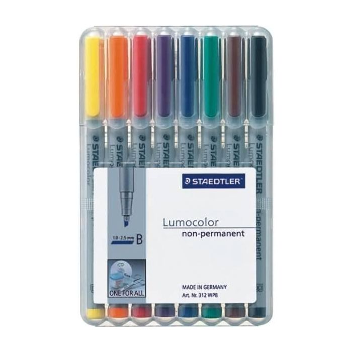 STAEDTLER 312 WP8 Rotulador Lumocolor B no permanente, set de 8 colores (negro, azul, verde, rojo), punta 1 mm