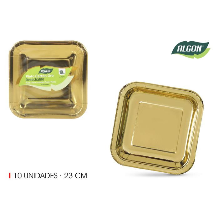 Set de 10 platos de cartón oro cuadrados 23 cm Algon (18 Unidades) Set de 10 platos de cartón oro cuadrados 23 cm Algon (18 Unidades)