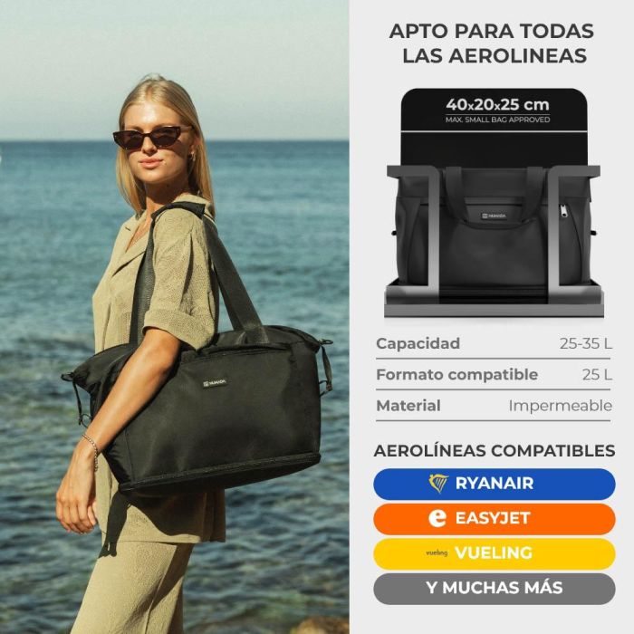 Numada Bolsa de avión negra 25-35 l, apta para aerolíneas bajo coste, con bolsillo portátil y resistente al agua 9 Numada Bolsa de avión negra 25-35 l, apta para aerolíneas bajo coste, con bolsillo portátil y resistente al agua 9