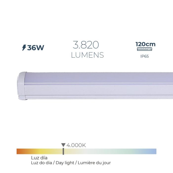 Regleta led 36 W 4.000 k luz día 3.820 lm 120 x 4,6 x 5,1 cm Regleta led 36 W 4.000 k luz día 3.820 lm 120 x 4,6 x 5,1 cm