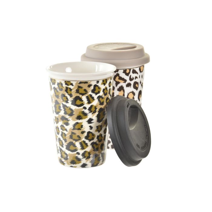 DKD Home Decor Mug Colonial Leopardo Porcelana 400ml Marrón Negro 10x14x10cm, Apto Microondas y Lavavajillas, Set 6 Unidades 1