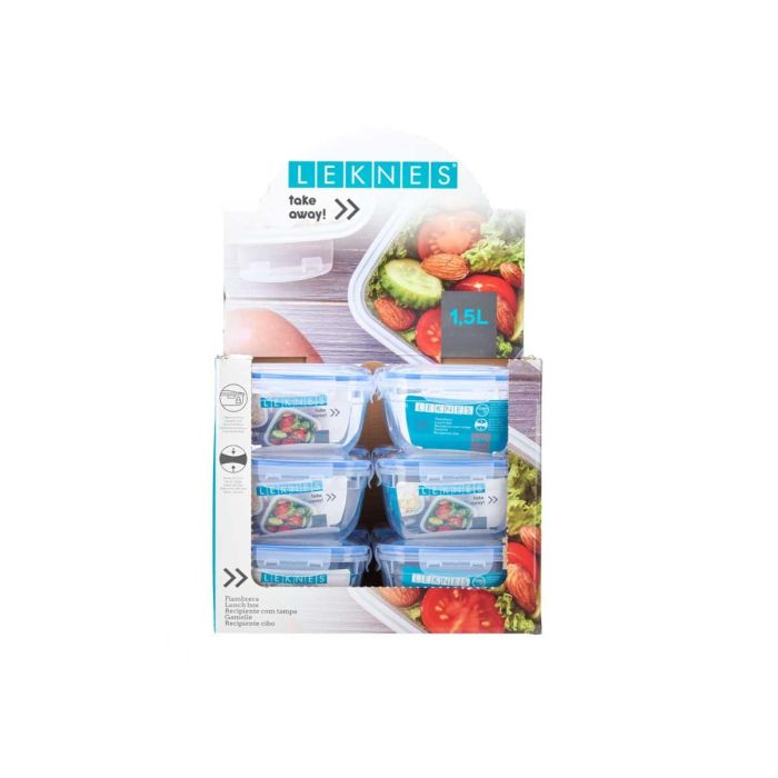 Leknes Fiambrera Cuadrada Tapa Azul 1500 ml, Plástico Transparente, 17x10x17 cm (12 Unidades) 2 Leknes Fiambrera Cuadrada Tapa Azul 1500 ml, Plástico Transparente, 17x10x17 cm (12 Unidades) 2