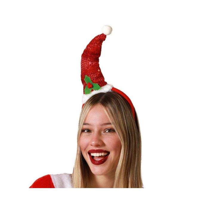 Diadema Gorro Navideño Lentejuelas Rojas Hojas Muérdago Pompón Blanco Accesorio Festivo