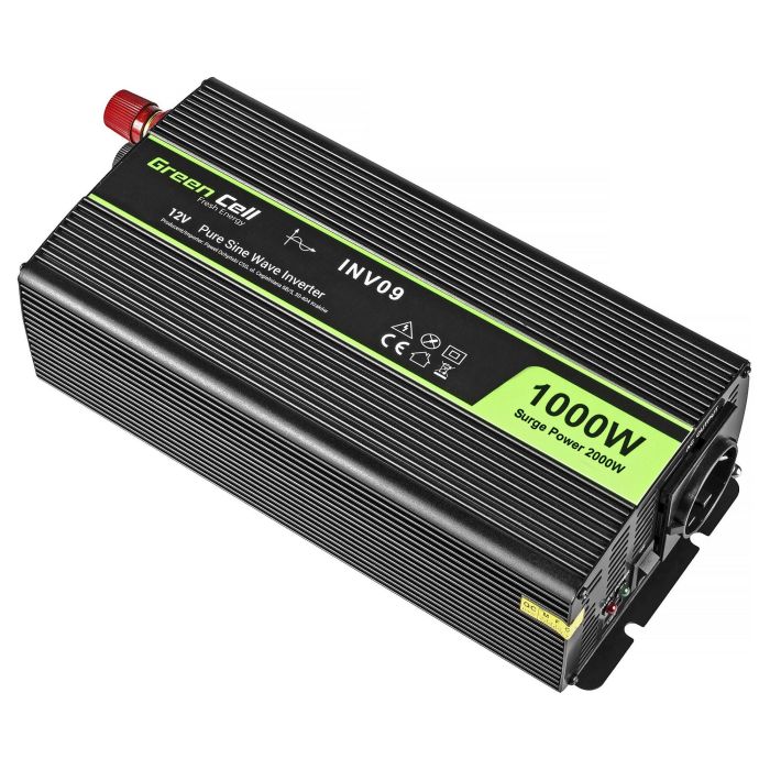 Green Cell INV09 Inversor Coche 12V a 230V 1000/2000W Negro - Convierte Corriente DC a AC, Protección Sobrecarga