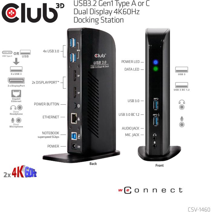 Club 3D 4K Dockingstation 60Hz USB3 -> 6xUSB3/2xDP/LAN/Audio Negro 10