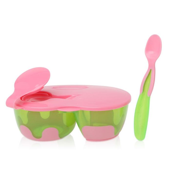 Cuenco Doble Antideslizante Con Tapa Y Cuchara En Rosa Y Verde 1 Cuenco Doble Antideslizante Con Tapa Y Cuchara En Rosa Y Verde 1
