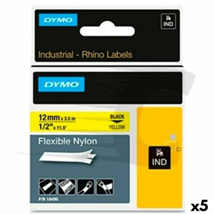 Cinta Laminada para Rotuladoras Rhino Dymo ID1-12 Amarillo Negro 12 x 3,5 mm Autoadhesivas (5 Unidades)