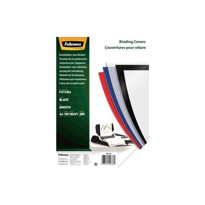 Fellowes Tapa de Encuadernación Polipropileno Negro DIN A4 280 Micras, Pack de 100 Unidades, para Encuadernadoras Wire, Canutillo y Espiral