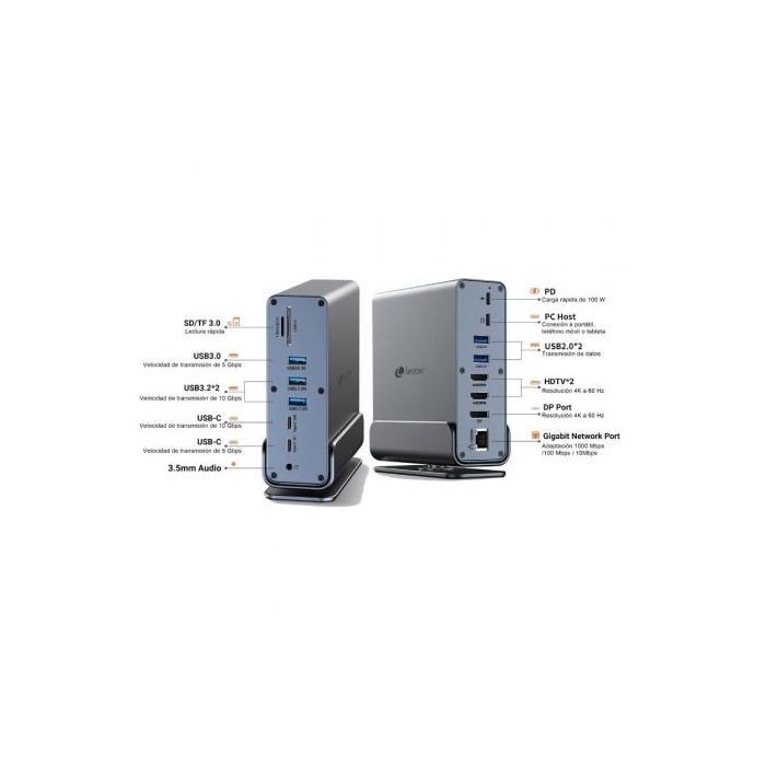 Leotec LEDS06 Docking Station USB Tipo-C 15 en 1 con 5xUSB, 2xUSB Tipo-C, 1xUSB Tipo-C PD, 1xDisplayPort, 2xHDMI 4K, 1xRJ45, Gris 3