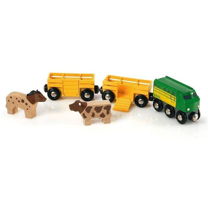 Brio World 33404 Tren de animales de granja con caballo y vaca, locomotora manual, carros individuales y rampas para 3+ años 1 Brio World 33404 Tren de animales de granja con caballo y vaca, locomotora manual, carros individuales y rampas para 3+ años 1