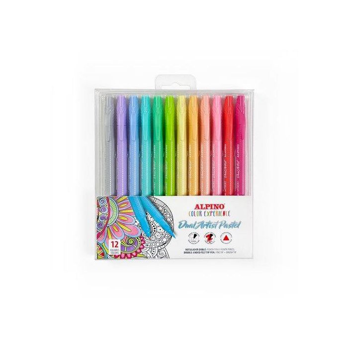 Alpino Rotuladores Dual Artist Pastel Color Experience, Doble Punta Fina-Pincel, Estuche 12 Ud