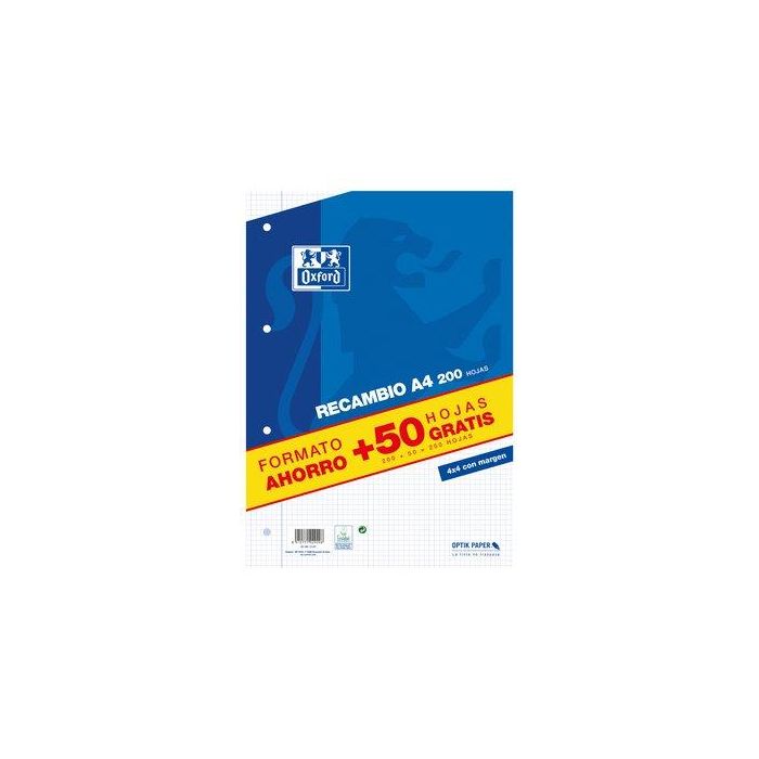 Oxford Recambio 200H + 50H A4 Sueltas 90 gr 4x4 mm C-Margen 4 Taladros