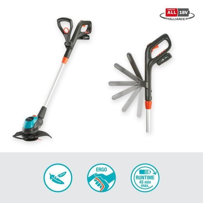 Gardena EasyCut 23 / 18V P4A Recortadora de Hilo a Batería 18V 2.0Ah con Cargador, 23 cm Corte, Mango Telescópico y 7 Cuchillas 1