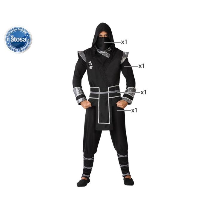 Disfraz Ninja Adulto Hombre Negro Plateado Talla M-L para Carnaval - Incluye Camiseta con Capucha, Pantalón, Cinturón y Pañuelo