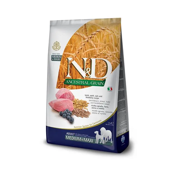 Farmina N&D Dog Ancestral Medium Maxi - Alimento para perros adultos de razas mediana y grande, con cordero, espelta, avena y arándanos, 2.5 kg Farmina N&D Dog Ancestral Medium Maxi - Alimento para perros adultos de razas mediana y grande, con cordero, espelta, avena y arándanos, 2.5 kg